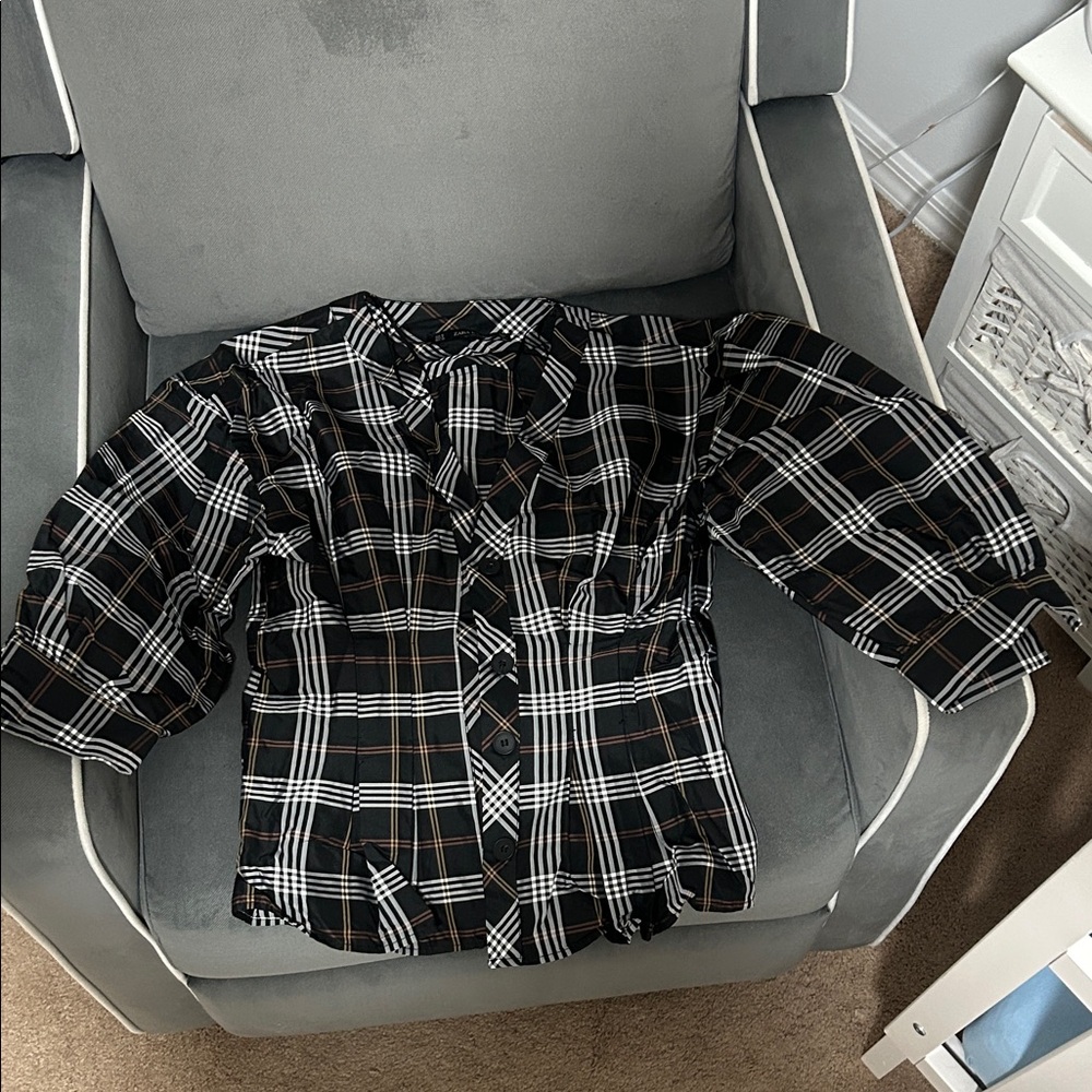 Zara Black and White Plaid Button Down Shirt